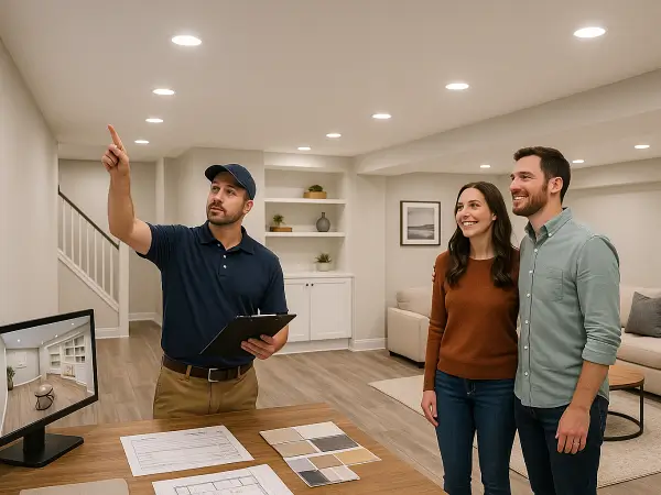 Contractor conducting final inspection of newly remodeled basement with satisfied homeowners